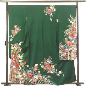 振袖 着物 身丈160cm 裄68cm 前幅24.5cm 後幅30cm 袖丈109cm 袖幅35cm レディース 袷 菊 裄長 裄Lサイズ 秋冬春用 正絹（シルク）緑地 やや難 リサイクル リメイク リユース【中古】