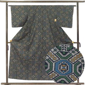【中古】紬 リサイクル着物 身丈155cm 裄63cm 前幅23cm 後幅28cm 袖丈47cm 袖幅32cm レディース 袷 蜀江 裄Mサイズ 秋冬春用 正絹（シルク）ブラック 美品 村山大島紬 リメイク リユース