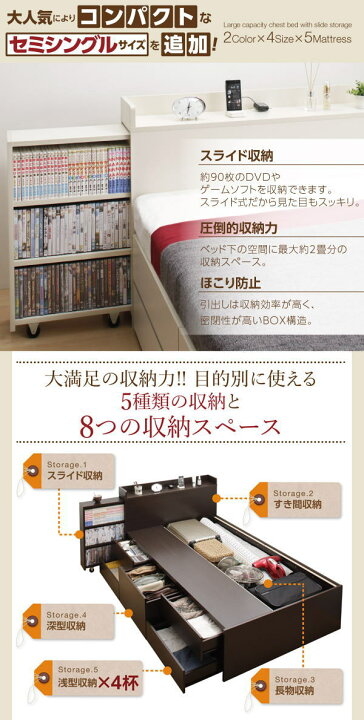 楽天市場】セミダブルスライド収納付き 大容量チェストベッドフレーム 