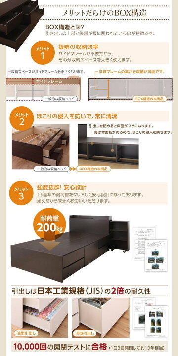 楽天市場】セミダブルスライド収納付き 大容量チェストベッドフレーム 