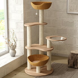 キャットタワー 木製 大型 据え置き インテリア性 多頭飼い スリム 夏冬兼用 見晴台付き 猫タワー 手編みカゴ/宇宙船クリアボウル 天然麻紐 爪とぎ 高さ133cm