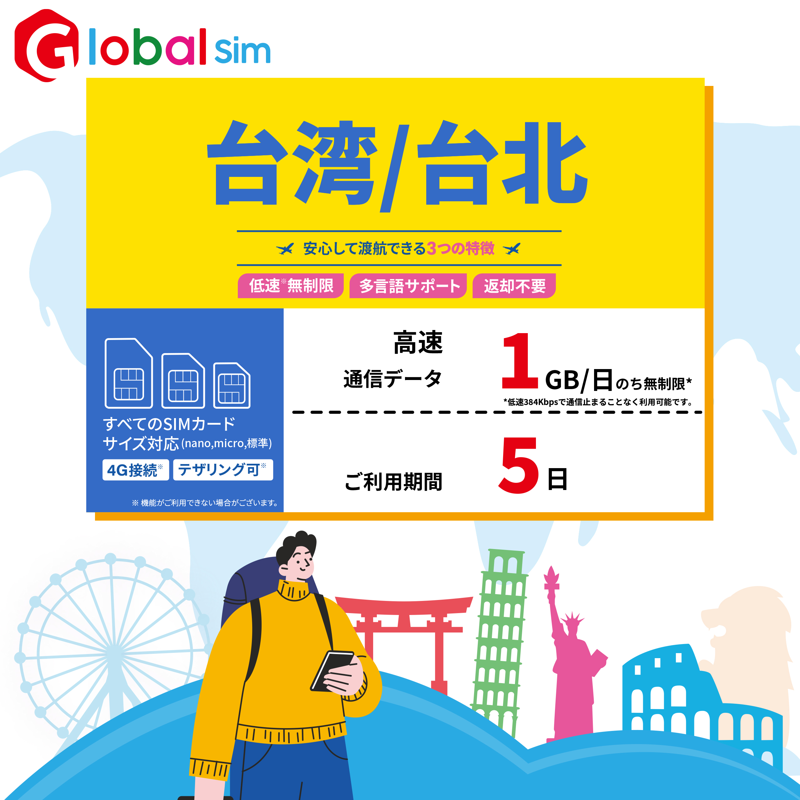 GLOBAL SIM 台湾 台北 5日間 データ無制限 (1GB 日高速）（容量を使い切っても利用期間内は最大384kbps） データ通信専用 シムフリー端末のみ対応 追加費用なし・契約不要