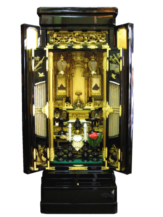 未使用 展示品 仏壇 幅67cm 黒檀 装飾 金彩 象嵌 蒔絵 金箔 金仏壇