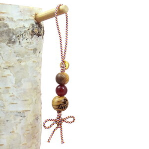 【屋久杉ストラップ】◆幸福「左馬」ストラップ(屋久杉/メノウ仕立て)(紐色:赤-白)【当店限定品】厄除けストラップ お守りストラップ 縁起物 魔除けストラップ 商売繁盛 根付け 屋