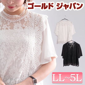 大きいサイズ レディース トップス ブラウス ハイネックレースブラウス 半袖ブラウス レースブラウス ハイネックブラウス バックボタン 半袖 ハイネック レース 花柄 フリル シフォン 透け感 夏新作 夏 春 LL 2L 3L 4L 5L ブラック 黒 ホワイト 白 ゴールドジャパン