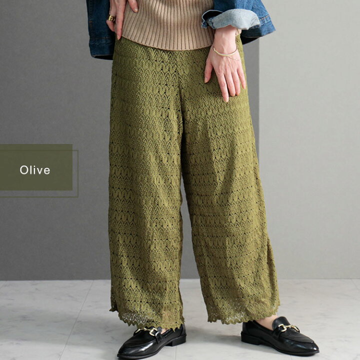 大きいサイズ レディース ボトムス パンツ カットレースワイドパンツ ワイドパンツ 夏新作 Ll 2l 3l 4l 5l ブラック アイボリー オリーブ ゴールドジャパン 大特価