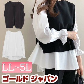 大きいサイズ レディース ニットベスト ベスト ブラウス シャツ アシンメトリーシャツ フリルブラウス フリル ギャザー 長袖 ドッキング トップスセット 韓国 秋新作 秋服 春服 LL 2L 3L 4L 5L ブラック 黒 ホワイト 白 ゴールドジャパン