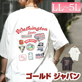 大きいサイズ レディース トップス Tシャツ カットソー ワッペン半袖Tシャツ 半袖Tシャツ ロゴTシャツ ロゴT 5分袖 半袖 ロゴ ワッペン 刺繍 クルーネック ロング ストレッチ バックロゴ 無地 春新作 春服 夏服 LL 2L 3L 4L 5L オフホワイト 白 スミクロ ゴールドジャパン