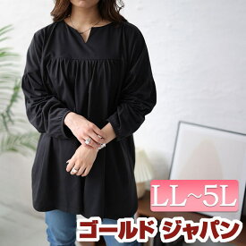 大きいサイズ レディース トップス カットソー 切替えギャザープルオーバー 長袖トップス 長袖 ギャザー フレア キーネック スリット ドロップショルダー ストレッチ 無地 フレア 春新作 春服 秋服 LL 2L 3L 4L 5L モカ ブラック 黒 ネイビー チャコール ゴールドジャパン