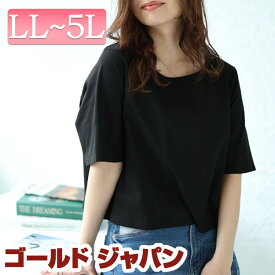 大きいサイズ レディース トップス Tシャツ カットソー クロップド丈ワイドTシャツ ショートTシャツ クロップド ショート 5分袖 ワイド クルーネック ストレッチ 春新作 春服 夏服 秋 LL 2L 3L 4L 5L ブラック 黒 オフホワイト 白 グレー グリーン ネイビー ゴールドジャパン