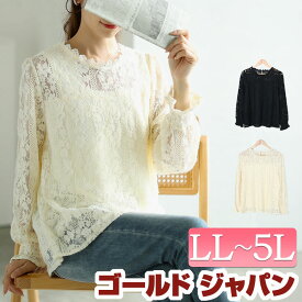 大きいサイズ レディース トップス カットソー ブラウス キャンディースリーブ総レーストップス クルーネック キャンディースリーブ 長袖 総レース レース 花柄 裏地 ボタン 無地 肌見せ オフィス 秋新作 冬服 春服 LL 2L 3L 4L 5L ブラック オフホワイト ゴールドジャパン
