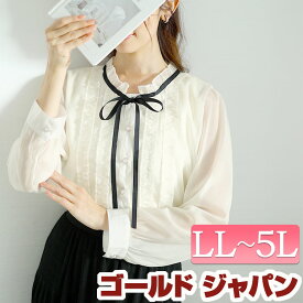 大きいサイズ レディース トップス シャツ ブラウス フリルネックリボン付きシアーブラウス フリルネック リボン フリル シアー 長袖 ボタン 裏地 透け感 通勤 オフィス きれいめ 重ね着 肌見せ 上品 無地 冬新作 春服 秋服 LL 2L 3L 4L 5L オフホワイト ゴールドジャパン