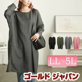 大きいサイズ レディース ワンピース 内側チェック切り替えドルマンワンピース ワンピ 長袖 膝丈 ミディアム丈 ドルマン クルーネック ドロップショルダー ストレッチ チェック 冬新作 冬服 春服 秋服 LL 2L 3L 4L 5L ブラック 黒 杢グレー カーキ ピンク ゴールドジャパン