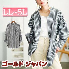大きいサイズ レディース トップス シャツ ブラウス ストライプランタンスリーブタックシャツ ロングシャツ ストライプシャツ 長袖 ロング ストライプ 柄 タック ノーカラー 襟なし ボタン ボリュームスリーブ 冬新作 春服 秋服 LL 2L 3L 4L 5L チャコール ゴールドジャパン