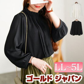 大きいサイズ レディース トップス シャツ ブラウス レース＆ピンタックフリルネックブラウス ピンタックブラウス 長袖 ピンタック フリルネック レース パワショル セレモニー フォーマル 通勤 冬新作 春服 秋服 LL 2L 3L 4L 5L ブラック 黒 ホワイト 白 ゴールドジャパン