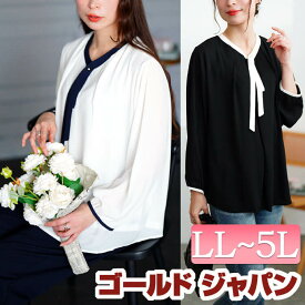 大きいサイズ レディース トップス シャツ ブラウス バイカラーボウタイブラウス ボウタイブラウス ボウタイ ネクタイ リボンタイ 長袖 バイカラー タック 裏地 セレモニー フォーマル 通勤 無地 冬新作 春服 秋服 LL 2L 3L 4L 5L ブラック 黒 ホワイト 白 ゴールドジャパン