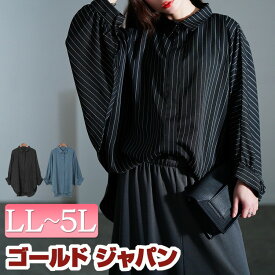 大きいサイズ レディース トップス シャツ ブラウス ピンストライプドルマンシャツ 長袖 ドルマンシャツ ストライプシャツ ドルマン ストライプ ドルマンスリーブ スリット ボタン 柄 冬新作 春服 秋服 F フリー LL 2L 3L 4L 5L ブラック 黒 グレーブルー ゴールドジャパン