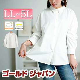 大きいサイズ レディース トップス シャツ ブラウス キテ楽ウエストメイクシャツ ストレッチシャツ 長袖 ストレッチ フレア Aライン ボタン ドロップショルダー 無地 ゆったり 通勤 セレモニー フォーマル 冬新作 春服 秋服 LL 2L 3L 4L 5L ホワイト 白 ゴールドジャパン