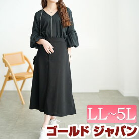 大きいサイズ レディース ワンピース バルーン袖ドッキングZIPワンピース ワンピ ロングワンピース ロング 長袖 Vネック ミモレ ジップ ドッキング バルーンスリーブ ポケット ストレッチ ウエストゴム 春新作 春服 夏服 秋服 LL 2L 3L 4L 5L ブラック 黒 ゴールドジャパン