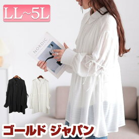 大きいサイズ レディース チュニック リボンドロストギャザーシャツチュニック 長袖 ロング シャツ ブラウス ドロスト ペプラム ギャザー リボン シアー 透け感 ストレッチ フレア 襟 春新作 春服 夏服 秋服 LL 2L 3L 4L 5L オフホワイト 白 ブラック 黒 ゴールドジャパン