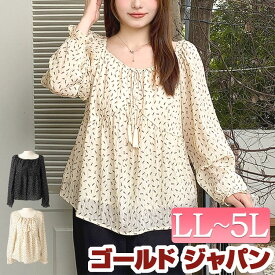 大きいサイズ レディース トップス ブラウス リボンシャーリング花柄ブラウス スクエアネック リボン紐 シャーリング 長袖 キャンディースリーブ シアー 裏地 花柄 柄 ガーリー カジュアル Aライン 春新作 春服 秋服 LL 2L 3L 4L 5L ブラック 黒 ベージュ ゴールドジャパン