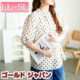 大きいサイズ レディース トップス ブラウス シャツ ドット柄バンドカラーパフスリーブブラウス ドットブラウス 5分袖 ドット 柄 パフスリーブ パフ バルーン バンドカラー タック パワショル 春新作 春服 夏服 秋 LL 2L 3L 4L 5L ベージュ ブラック 黒 ゴールドジャパン
