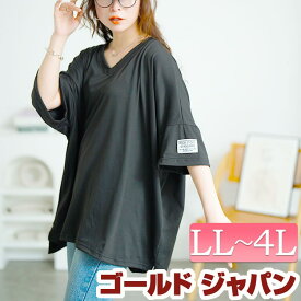 大きいサイズ レディース トップス カットソー Tシャツ 袖ワッペンVネックオーバーサイズTシャツ Vネック ドロップショルダー 半袖 ワッペン オーバーサイズ ストレッチ ルーム 無地 春新作 夏服 秋服 F フリー LL 2L 3L 4L ブラック 黒 パープル ブルー ゴールドジャパン