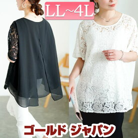 大きいサイズ レディース トップス ブラウス レース切替えバックスリットシフォンブラウス 半袖 レース 切替え シフォン バックスリット スリット 重ね着風 透け感 シアー 肌見せ 前後差丈 無地 きれいめ 夏新作 春服 秋服 LL 2L 3L 4L ブラック ホワイト ゴールドジャパン