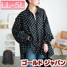 大きいサイズ レディース トップス シャツ ブラウス ドットキャンディスリーブフレアシャツ ドットシャツ 長袖シャツ 長袖 ドット 水玉 柄 フレア Aライン テールカット キャンディスリーブ シアー 透け感 夏新作 秋服 春服 LL 2L 3L 4L 5L ブラック 黒 ゴールドジャパン