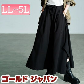 大きいサイズ レディース パンツ ズボン アシメタック変形ワイドパンツ ボトムス ロングパンツ ワイドパンツ ロング ワイド タック 変形 アシメ ウエストゴム スリット ポケット ギャザー 無地 秋新作 秋服 冬服 春服 夏服 LL 2L 3L 4L 5L ブラック 黒 ゴールドジャパン