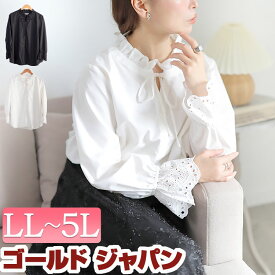 大きいサイズ レディース トップス ブラウス シャツ レースキャンディスリーブフリル襟ブラウス 長袖 フリルブラウス フリル スカラップレース レース キャンディスリーブ タック リボン フリル襟 秋新作 秋服 春服 LL 2L 3L 4L 5L ブラック 黒 オフ 白 ゴールドジャパン