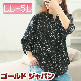 大きいサイズ レディース トップス シャツ ブラウス ドット柄キーネックレーヨンシャツ キーネックシャツ ドットシャツ キーネック 5分袖 7分袖 ドット 柄 水玉 ピンタック タック ラウンドカット ボタン 春新作 春服 夏服 秋 LL 2L 3L 4L 5L ブラック 黒 ゴールドジャパン