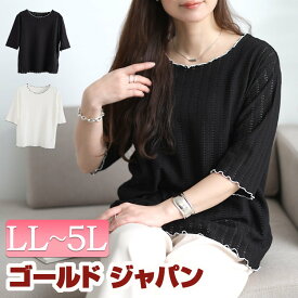 大きいサイズ レディース トップス ニット 配色メローストライプ柄透かし編みニット メローニット 透かし編みニット 5分袖 リブ 透かし編み メロー フリル バイカラー 配色 ストレッチ 無地 春新作 春服 秋服 LL 2L 3L 4L 5L ブラック 黒 オフホワイト 白 ゴールドジャパン