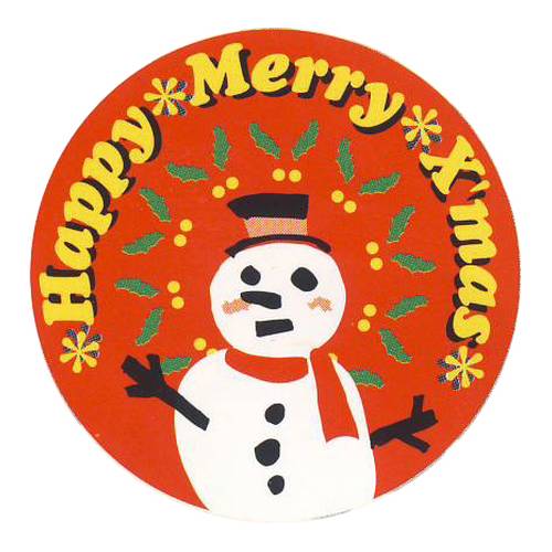 送料無料・「Happy Merry X'mas スノーマン」ニス引きシール35×35mm「1冊500枚」