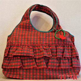 【TUNIC(チュニック)】miniチョコメアリーのBag、ナイロンプリント、チェック、フリル、可愛い、軽量、携帯バッグ、コンビニバッグ、サイドバッグ、エコバッグ、洗濯可、プレゼント、ギフト、贈り物、旅行用、誕生日、母の日、赤チェック、日本製