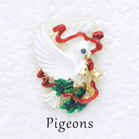 ピンブローチ　ヒイラギを持った白いハト　平和の象徴　　クリスマス