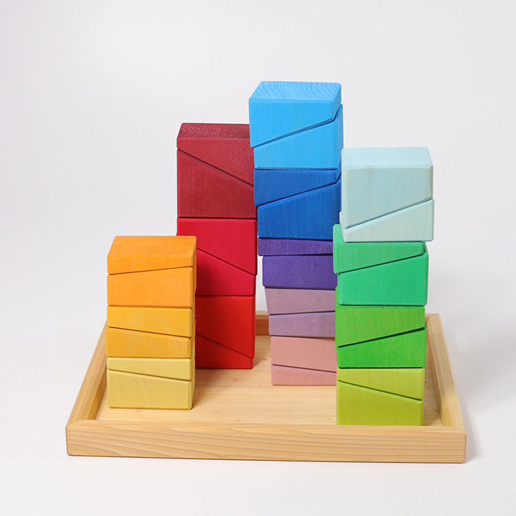 ブランドセレクト Grimm'sグリムス社にじのステップブロックカラフルな木製積み木片付けトレイ付 知育玩具
