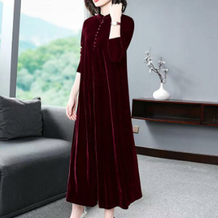 楽天市場】 マキシ丈 ベロア ロングワンピース 長袖 フレアワンピース  