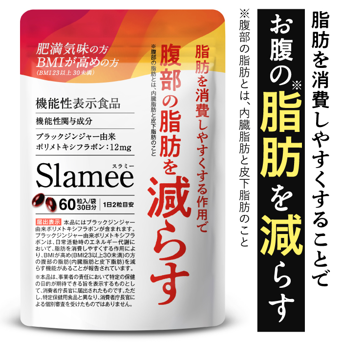 お腹の脂肪を減らす ダイエットサプリ スラミー Slamee 1ヶ月分 ブラックジンジャー サプリメント 皮下脂肪 機能性表示食品 メール便秘密発送 送料無料