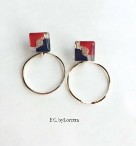 3color square hoop pierce/earring(Red×Navy)@E/L byLoretta EL GoCb^ accessory ANZT[@XNGA@lp@t[v@bh@ԁ@lCr[@@NA@}`J[@sAX@CO