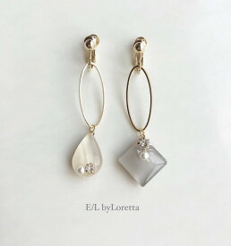 Asymmetry Shizuku square oval hoop pierce/earring(Ivory×Beige)　E/L byLoretta EL エルバイロレッタ accessory アクセサリー　シズク　スクエア　四角　フープ　アイボリー　ホワイト　ベージュ　アシンメトリー　チタン　樹脂　ねじ式　クリップ式　両耳セット