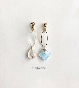 Asymmetry Shizuku square oval hoop pierce/earring(Pearl White×Sax)@ANZT[@sAX@CO@u[@@傫߁@fB[X@@l@킢@tF~j@i@@