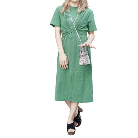 Twist Ribbon Front Slit Onepiece（green）ワンピース　半袖　スリット　ツイスト　バックリボン　グリーン　緑　Iライン　無地　シンプル　ロング丈　春物　夏物　レディース　婦人服　ベーシック　シンプル　カジュアル　通販　送料無料　A.D.G　エーディージー