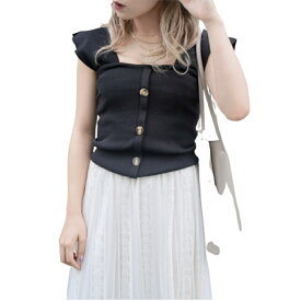 Button Desing Knit Camisole（black）レディース　トップス　ニット　キャミソール　ブラック　黒色　モノトーン　カジュアル　シンプル　ボタンデザイン　ギャル　原宿系　キレカジ　セレカジ　おしゃれ　お洒落　ファッション　ブランド　ADG　エーディージー