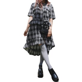 Monotone Check Frill Point Onepiece (black) ワンピース　レディース　半袖　チェックワンピ　モノトーンコーデ　フリルデザイン　お洒落　おしゃれ　女性　膝丈　ガーリーエーディージー　ADG　白黒　ブラックホワイト　送料無料