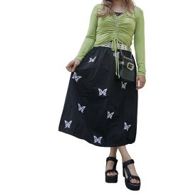 Butterfly Embroidery Flare Long Skirt (black)　女性　レディース　スカート　フレア　ロングスカート　蝶　刺繍　黒　オールシーズン　シック　モダン　モード　ガーリー　大人かわいい　きれいめ　韓国ファッション　原宿ファッション　A.D.G　エーディージー　送料無料