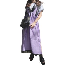 Lace Trim Flare Long Jumper Skirt (light purple)　レディース ジャンパースカート ロングスカート フレアスカート　パープル　ラベンダーカラー おしゃれ　お洒落 ADG エーディージー レースデザイン　スリット カジュアル　キャミワンピース ファッション 洋服　送料無料