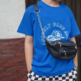 【KIDS】ROSE CIRCLE LOGO T-SHIRTS -ASSAULT BLUE-　キッズ　子供服　ボーイズ　ジュニア　こども　子ども　Tシャツ　半袖　カットソー　ブルー　青　サイズ100〜150　100　110　120　130　140　150 プリントT　ロゴT　ストリート　韓国ファッション　お洒落　バラ　薔薇