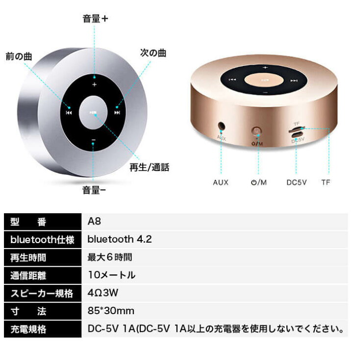 楽天市場 アルミ製 ワイヤレス スピーカー Bluetooth タッチ操作 超重低音スピーカー コンパクト ハンズフリー 通話搭載 Aux Tf Usbメモリーカード対応 1000mahdai大容量 充電式 A8 アキラストア