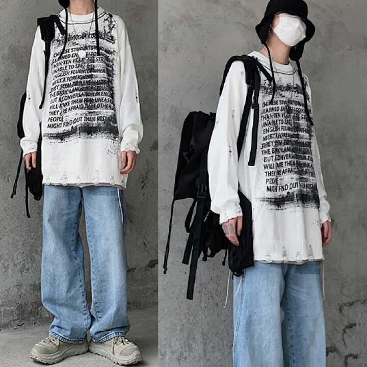 楽天市場 セーター メンズ ストリート系 ファッション ニットソー ダメージ加工 ビッグプリント 汚し ロングtシャツ メンズ オーバーサイズカットソー ロンt インポート 個性的 V系 ヴィジュアル系 ストリート系 ビター系 韓国 トップス 衣装 送料無料 秋 冬 新作